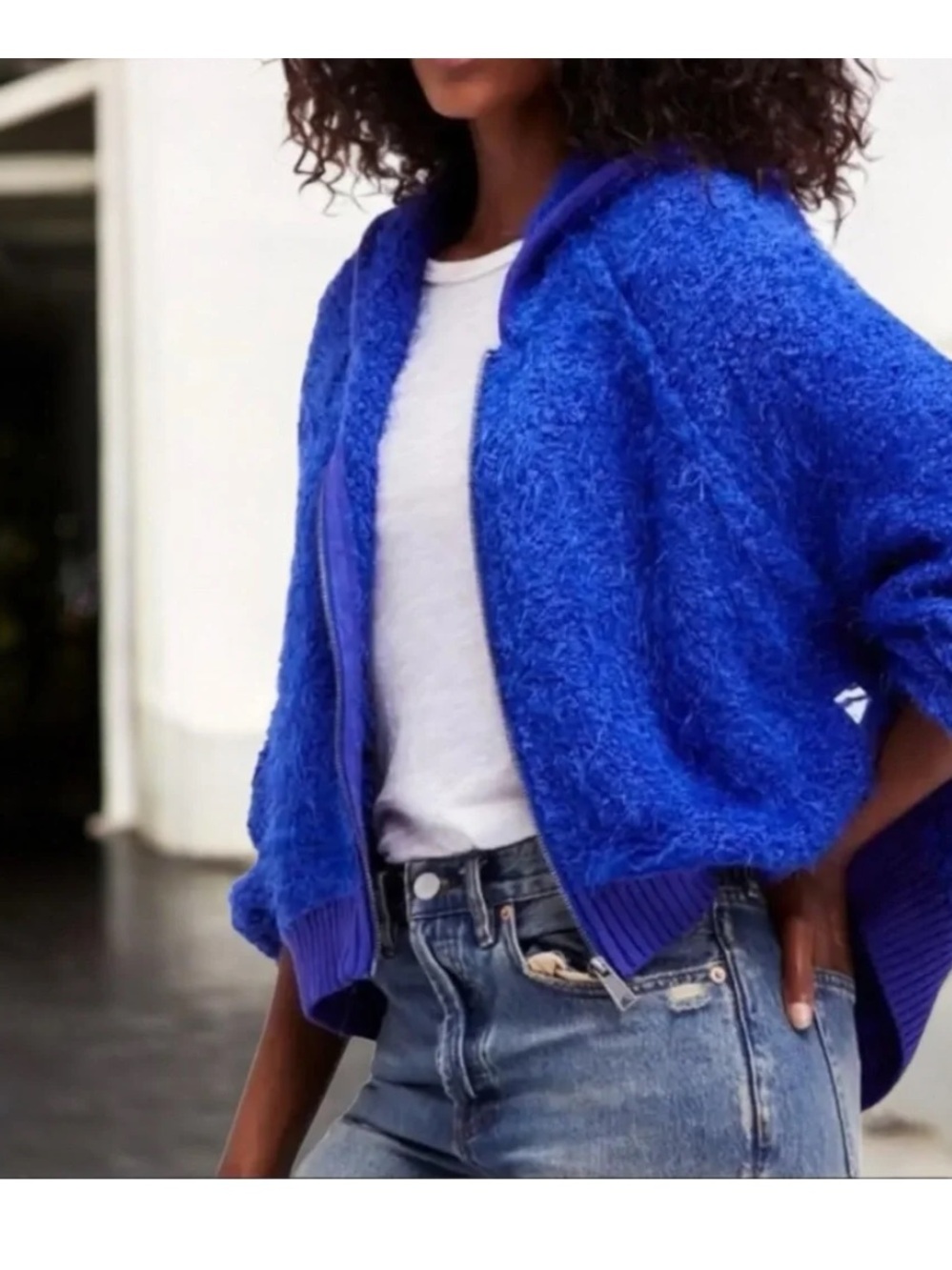 Free People Furry Time Blue Boucle Hooded Jacket Size Large